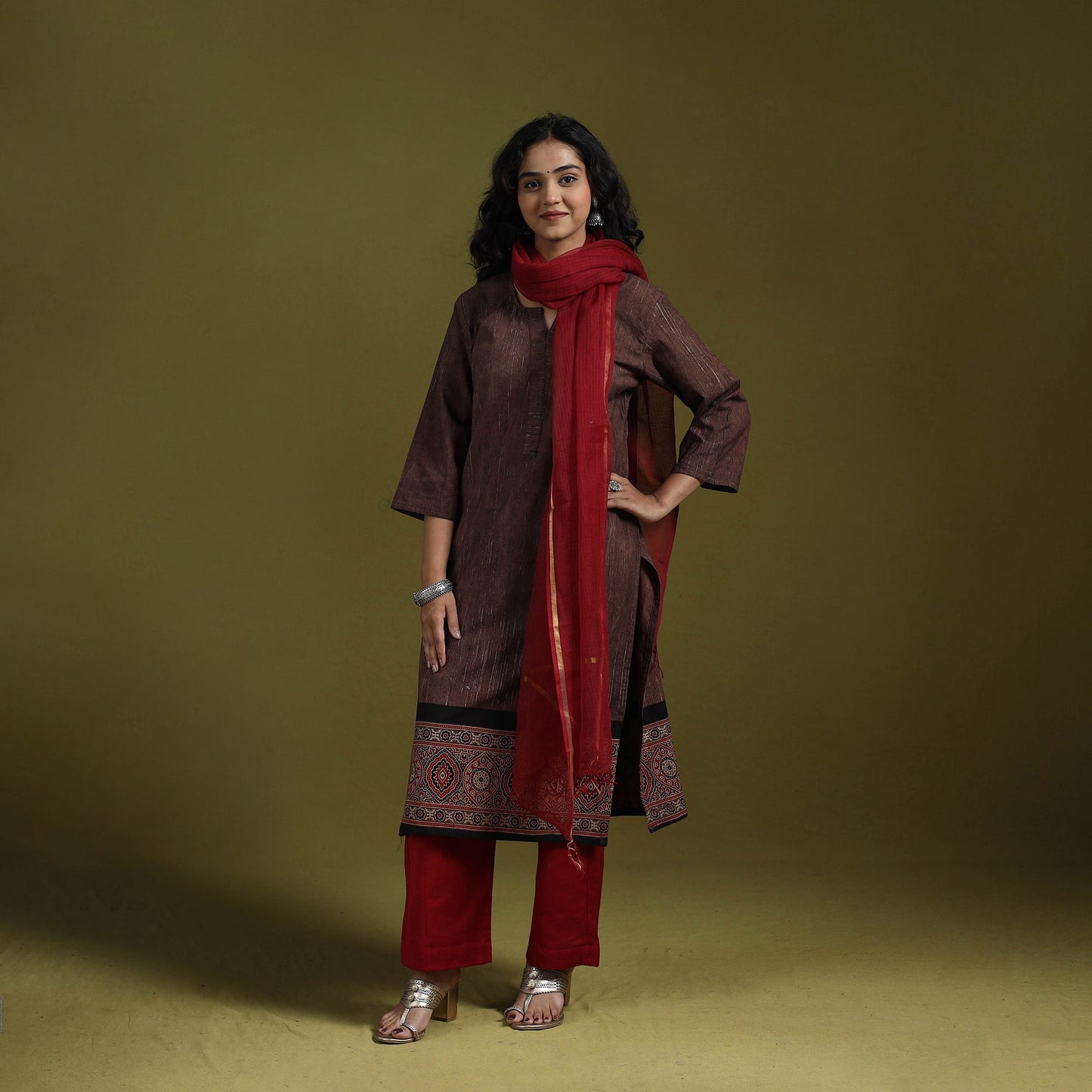 Natural dyed brush design ajrakh print cotton suit set