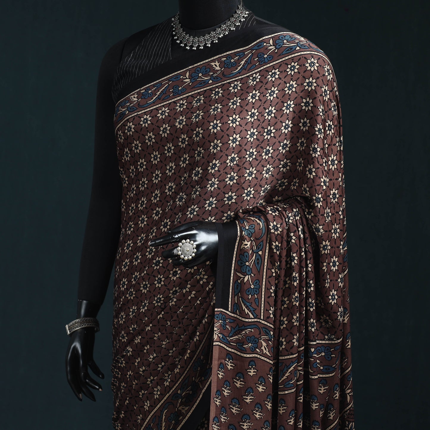 Natural dyed modal silk kutch hand block print ajrakh saree