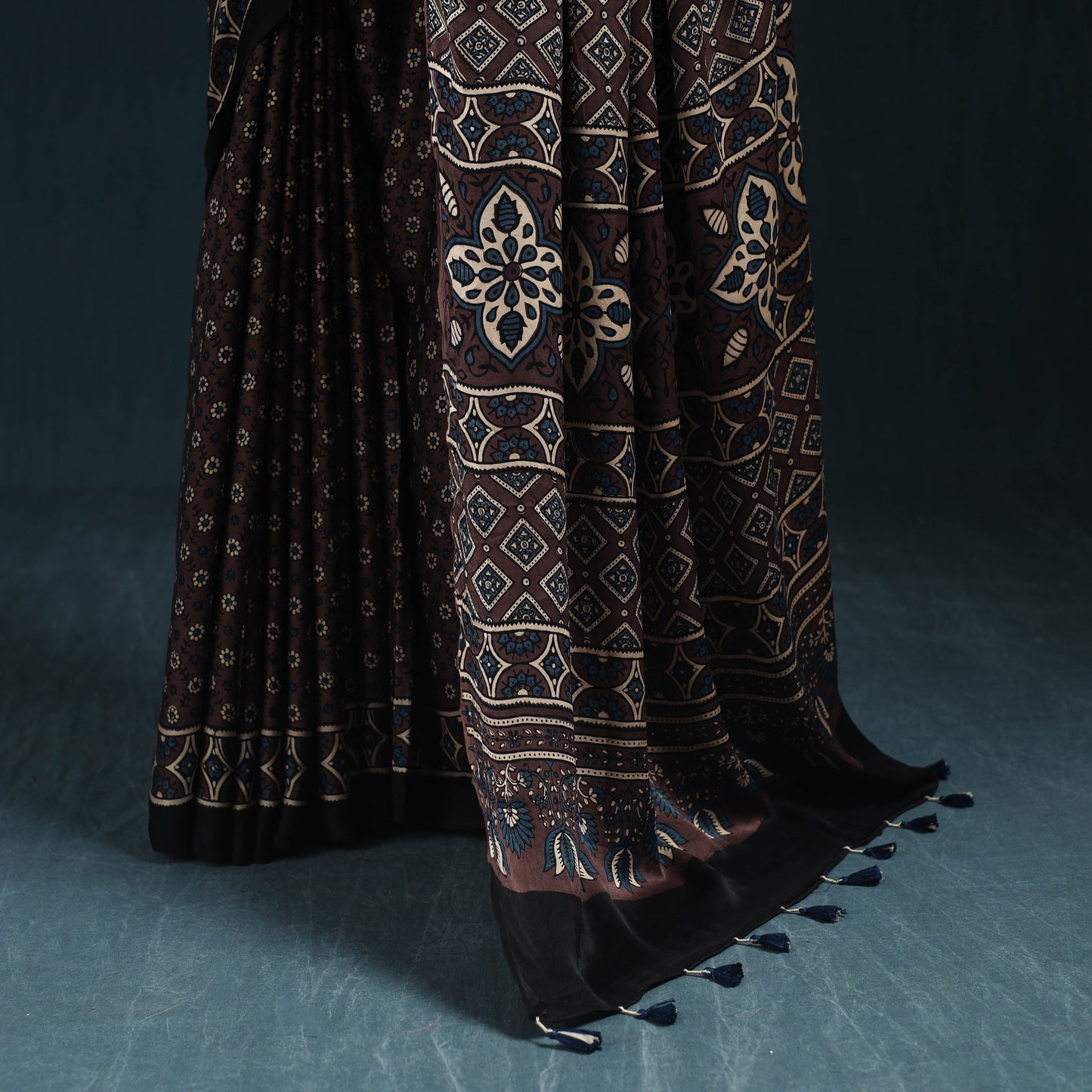 Natural dyed modal silk kutch hand block print ajrakh saree
