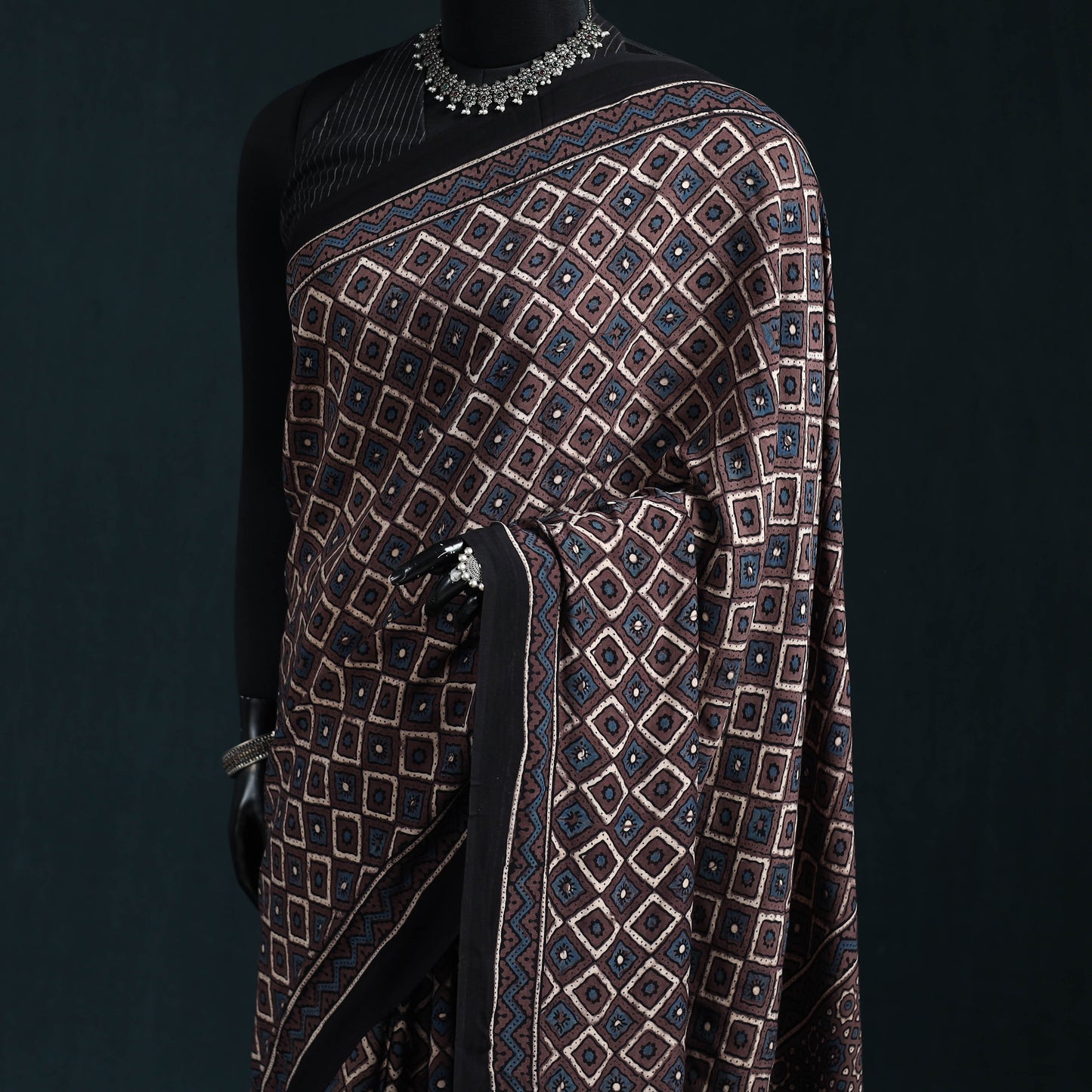 Natural dyed modal silk kutch hand block print ajrakh saree