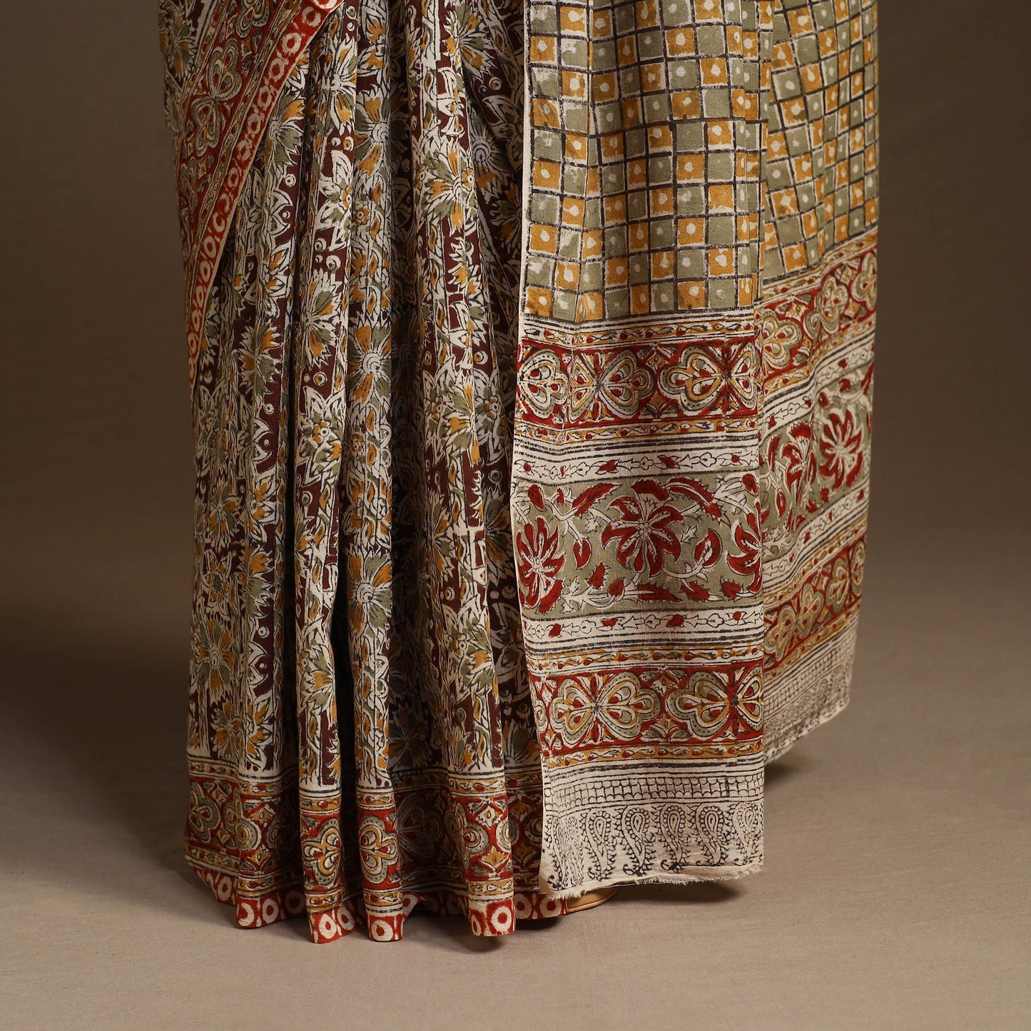 Brown Pedana Block Print Cotton Kalamkari Saree