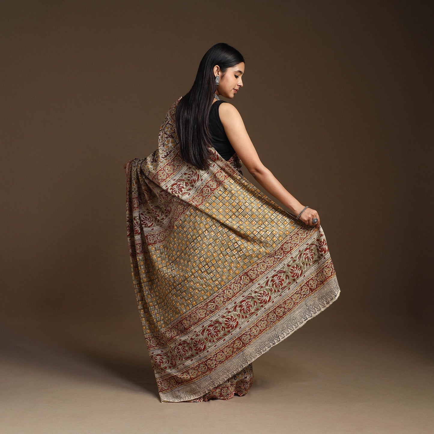 Brown Pedana Block Print Cotton Kalamkari Saree