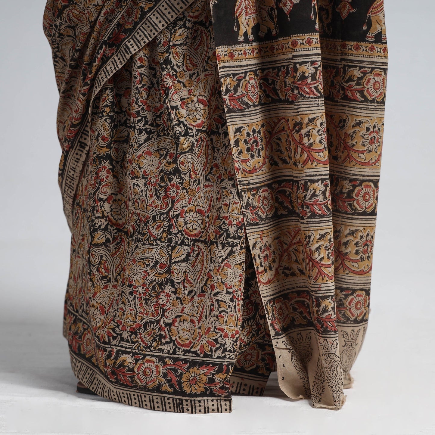 Brown Pedana Block Print Cotton Kalamkari Saree