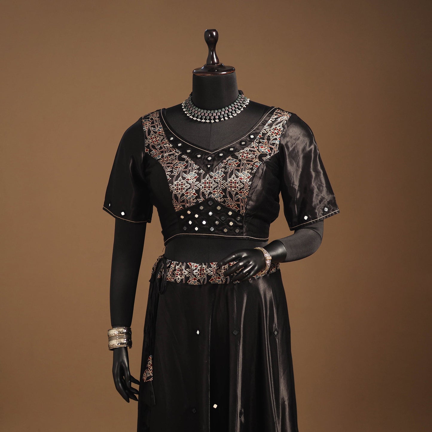 Brown Navratri Garba Chaniya Choli Set in Mashru Silk with Ajrakh Patch