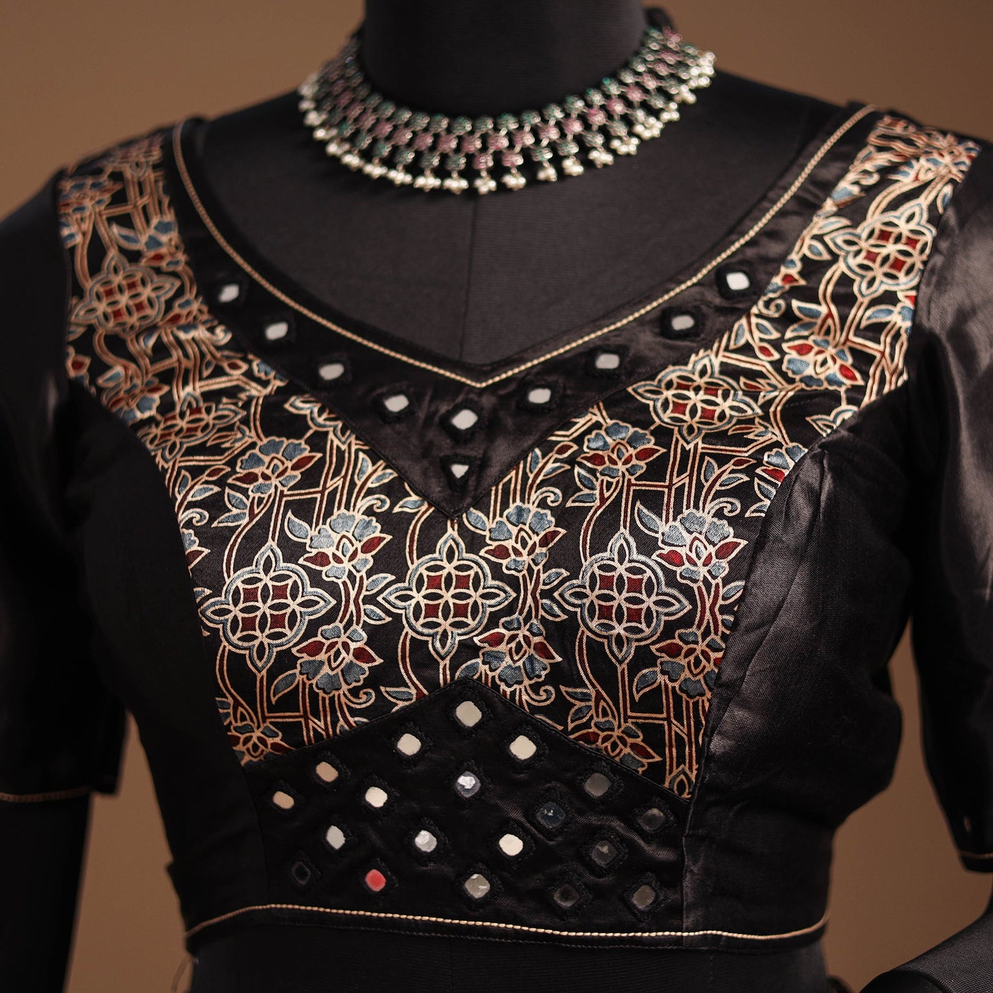 Brown Navratri Garba Chaniya Choli Set in Mashru Silk with Ajrakh Patch