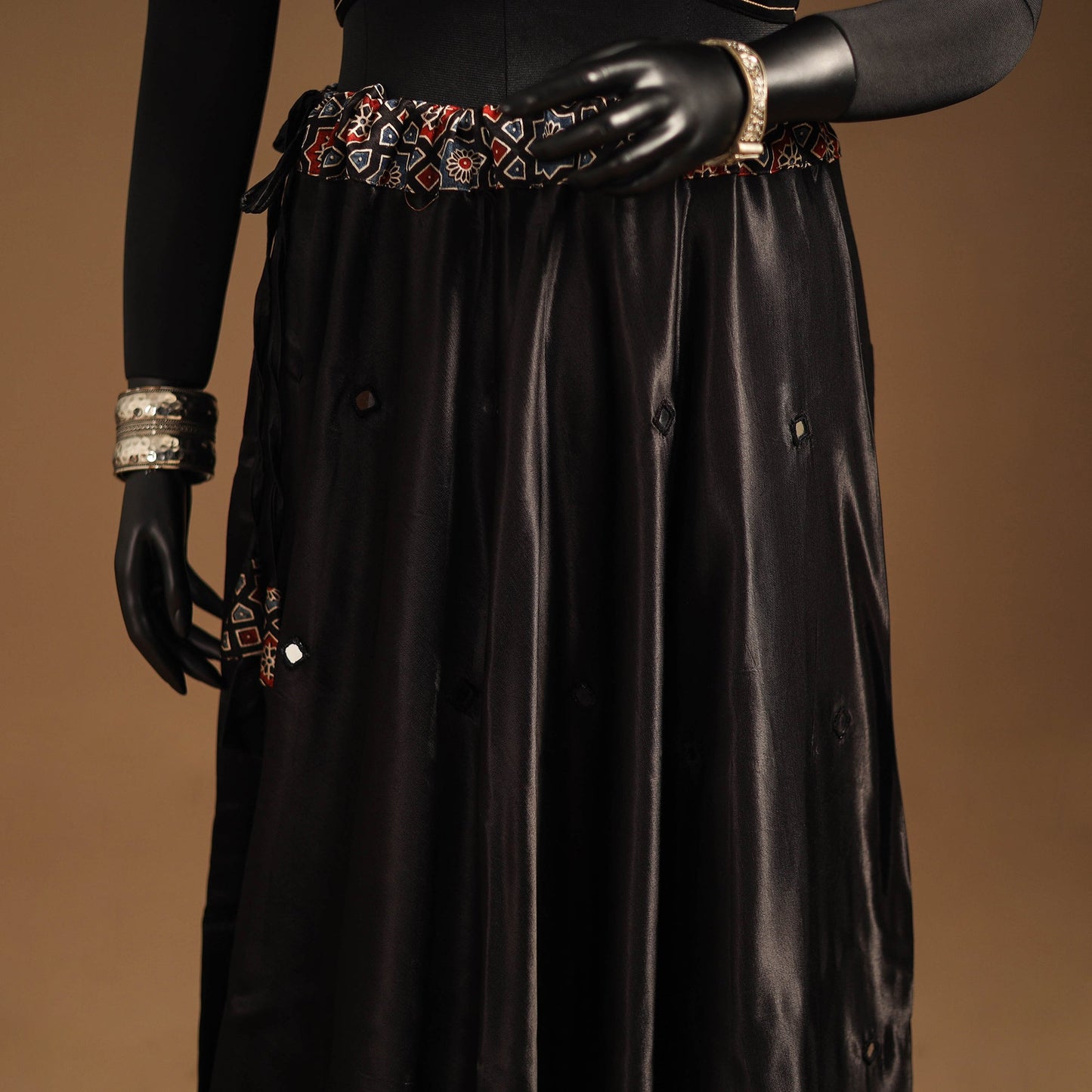 Brown Navratri Garba Chaniya Choli Set in Mashru Silk with Ajrakh Patch