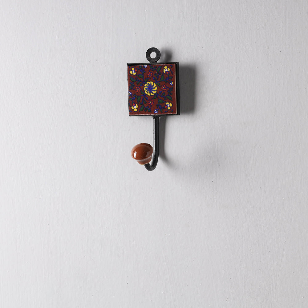 Original Blue Pottery Ceramic Tile Wall Hook Hanger (1 Peg)