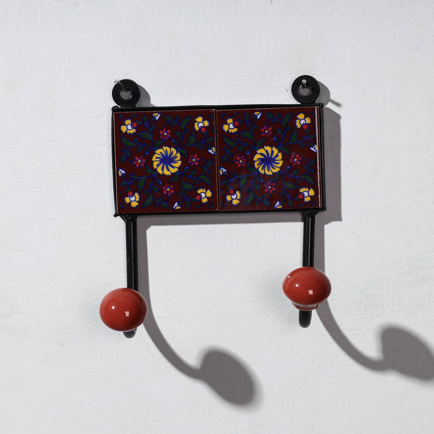 Original Blue Pottery Ceramic Tile Wall Hook Hanger (2 Peg)