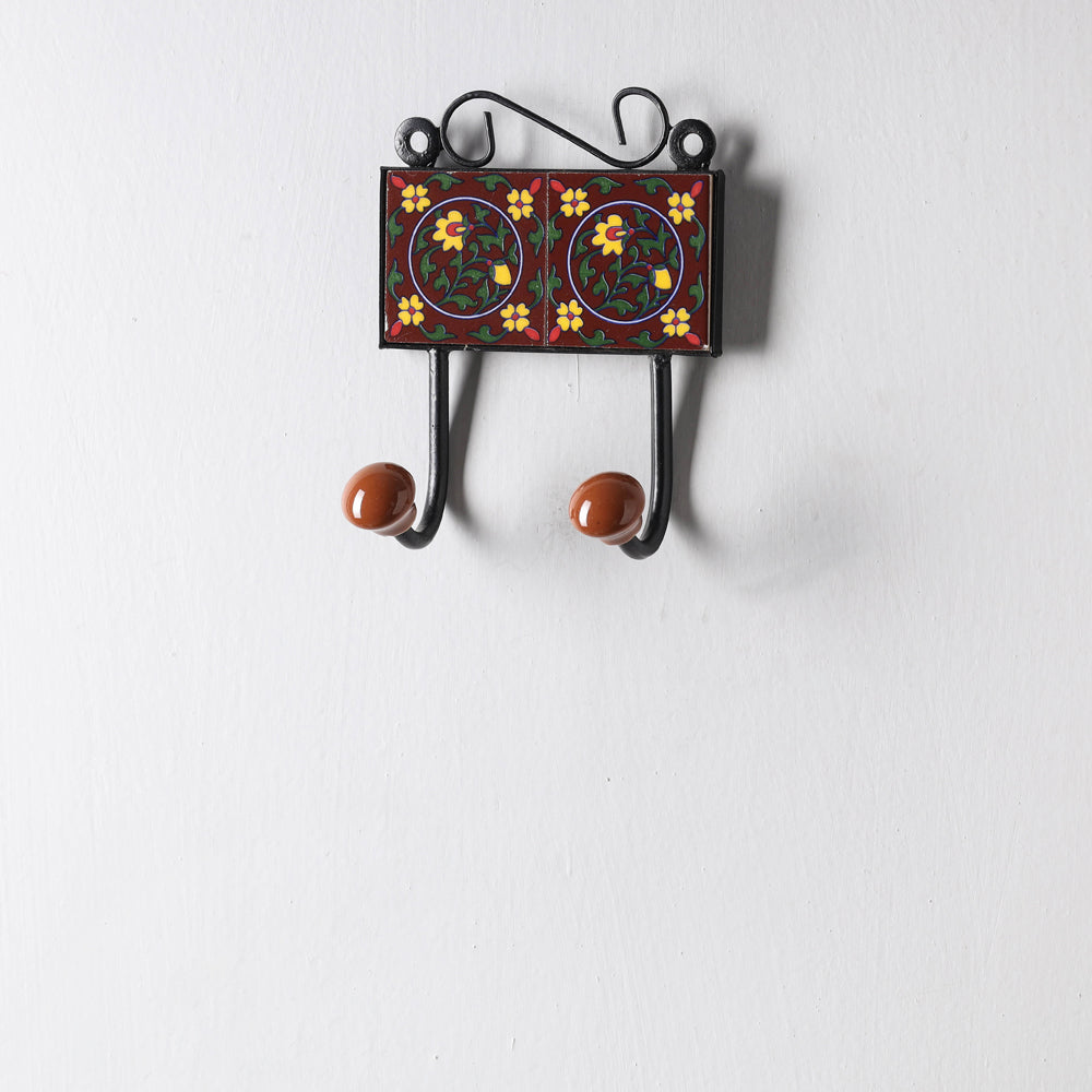Original Blue Pottery Ceramic Tile Wall Hook Hanger (2 Peg)