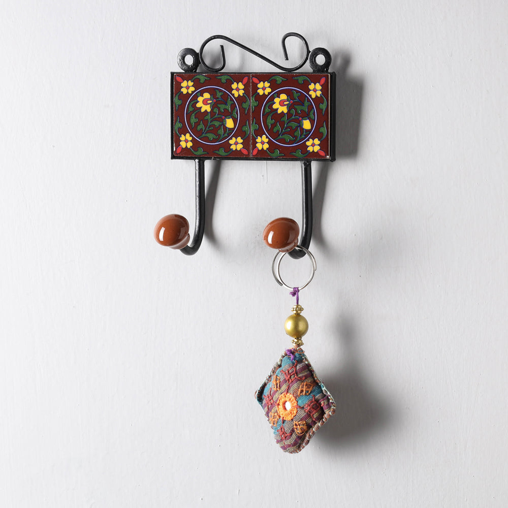 Original Blue Pottery Ceramic Tile Wall Hook Hanger (2 Peg)
