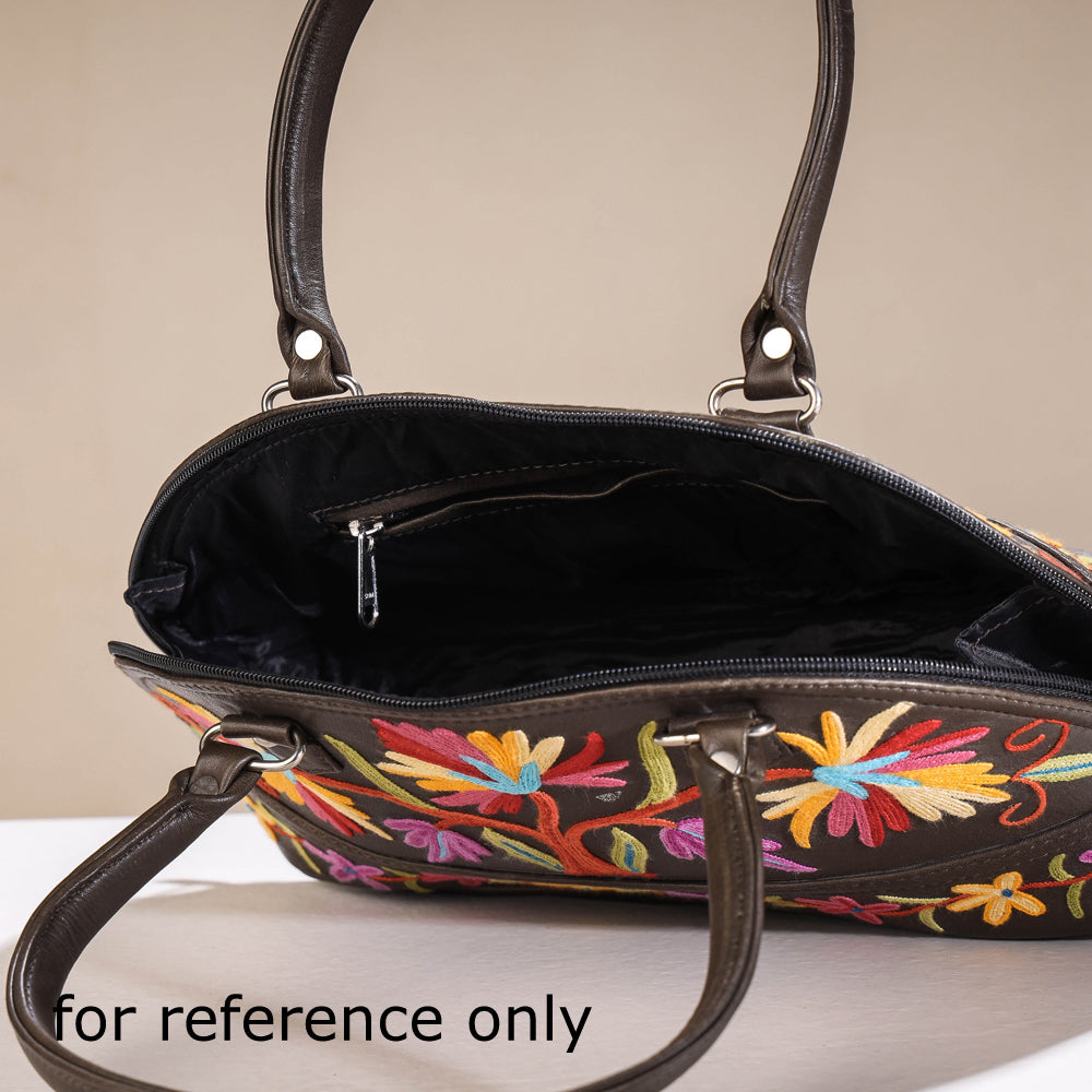 Brown Original Crewel Hand Embroidered Leather Hand Bag
