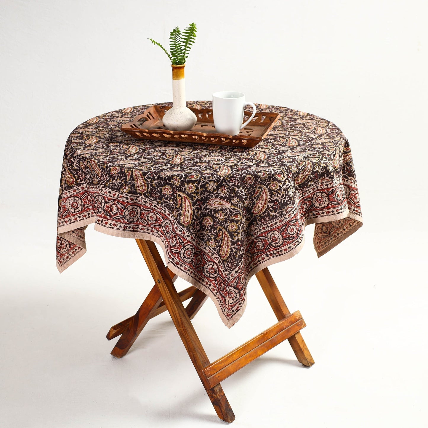 Brown Pedana Kalamkari Block Print Cotton Table Cover