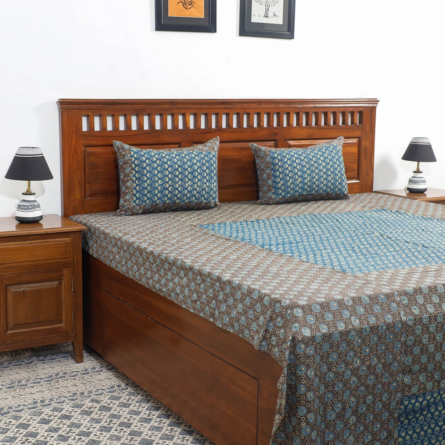 Buy Ajrakh Patch Tukdi Kaam Cotton Double Bed Cover with Pillow Covers Online l iTokri.com