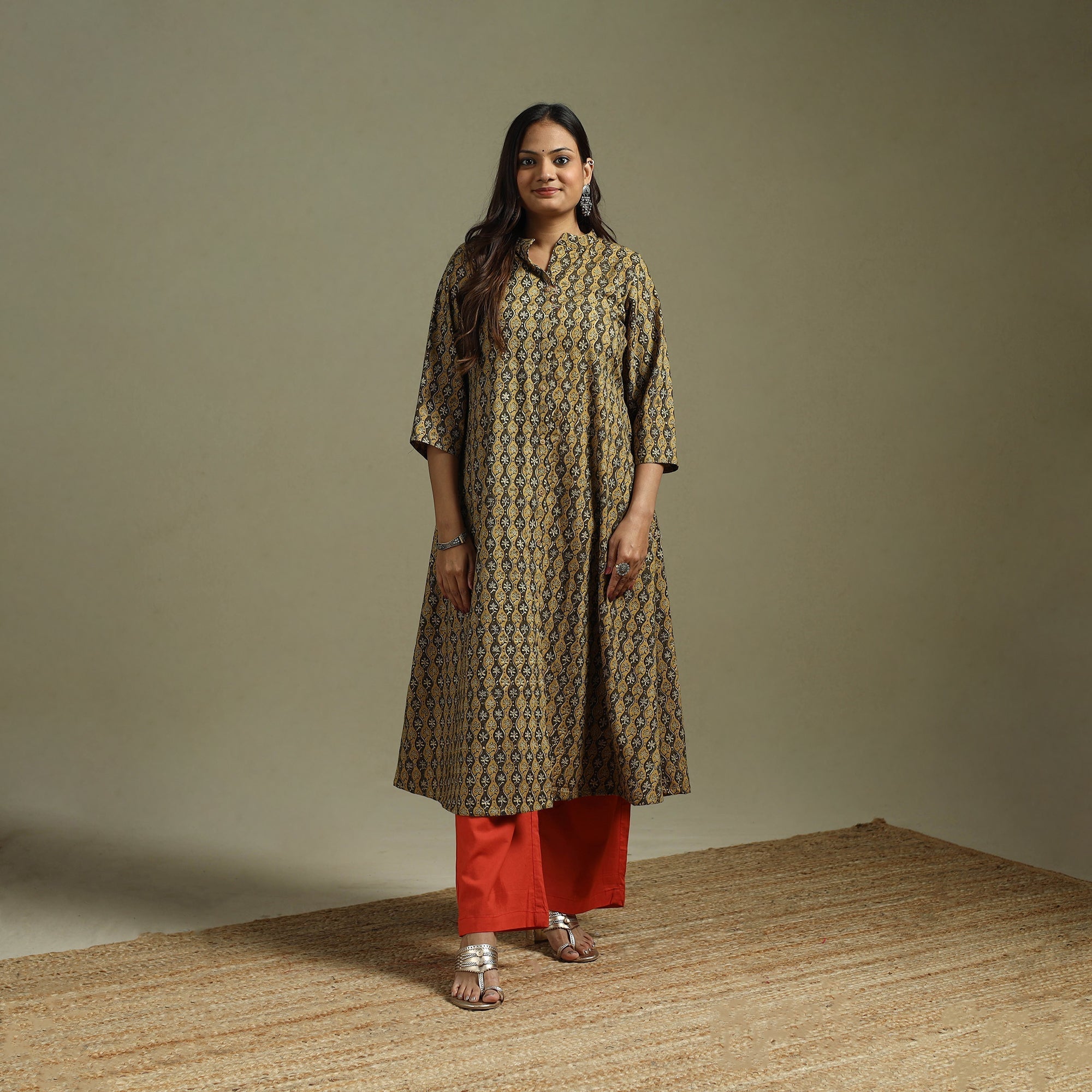 Brown - Pedana Block Print Natural Dyed Cotton A-Line Kalamkari Long Kurta 03