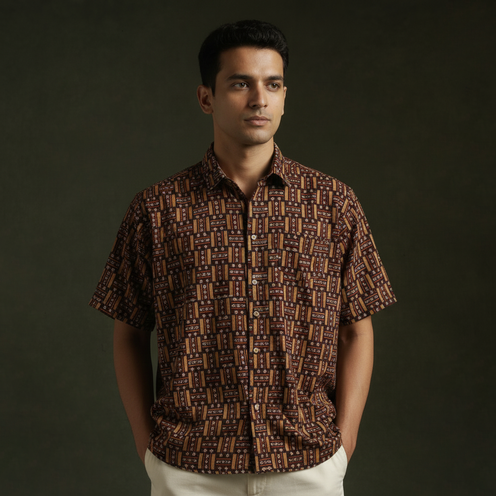 Brown - Pedana Hand Block Print Natural Dyed Cotton Half Sleeve Men Kalamkari Shirt 08