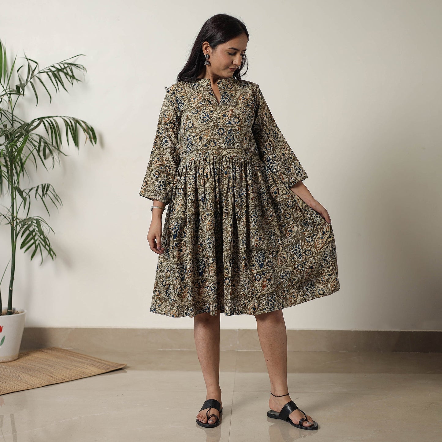 Pedana Kalamkari Block Printed Cotton Flared Dress 09