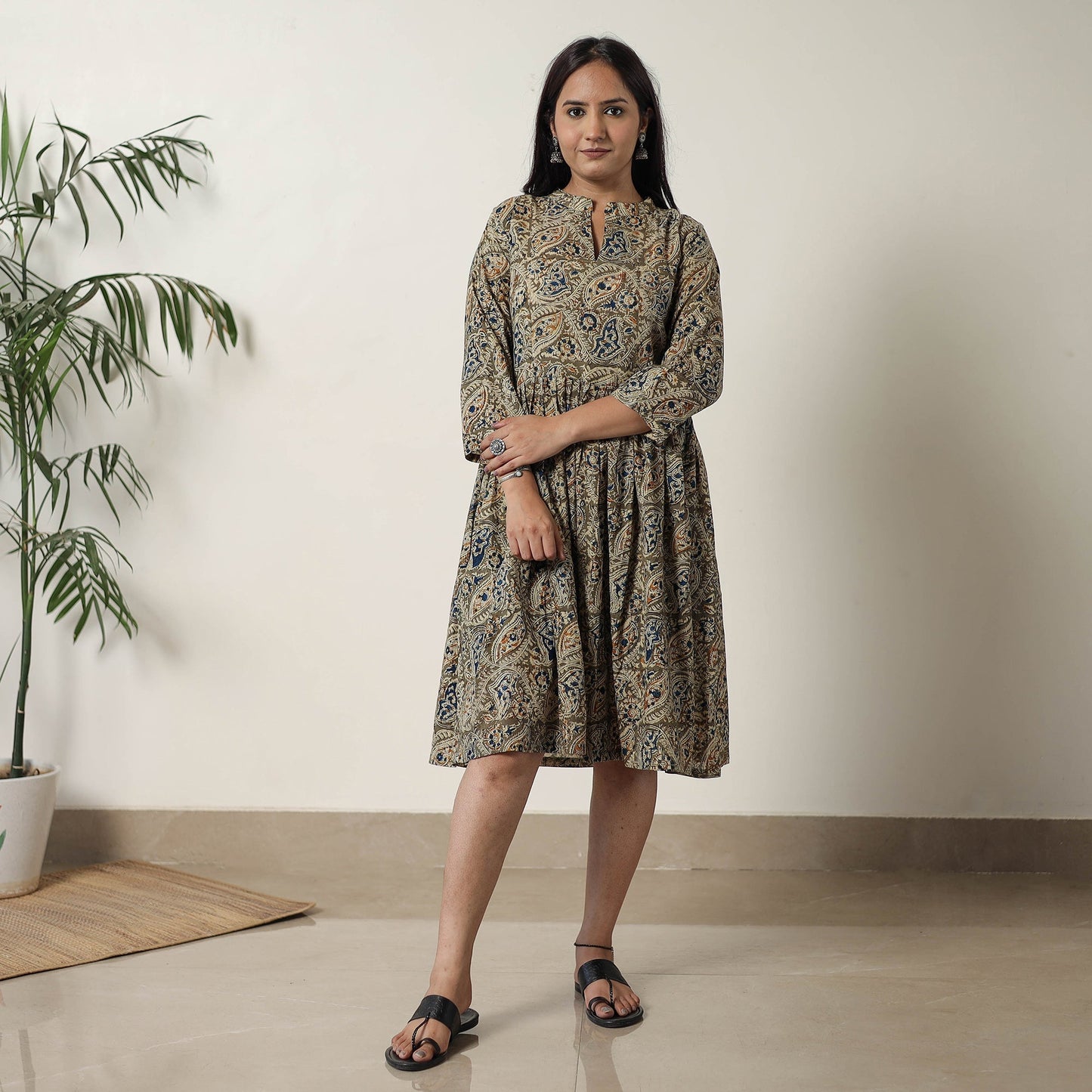 Pedana Kalamkari Block Printed Cotton Flared Dress 09