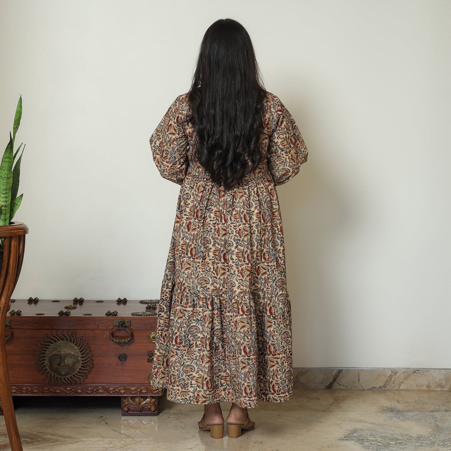 Pedana Kalamkari Block Printed Cotton Flared Gher Dress 06 Online at iTokri.com