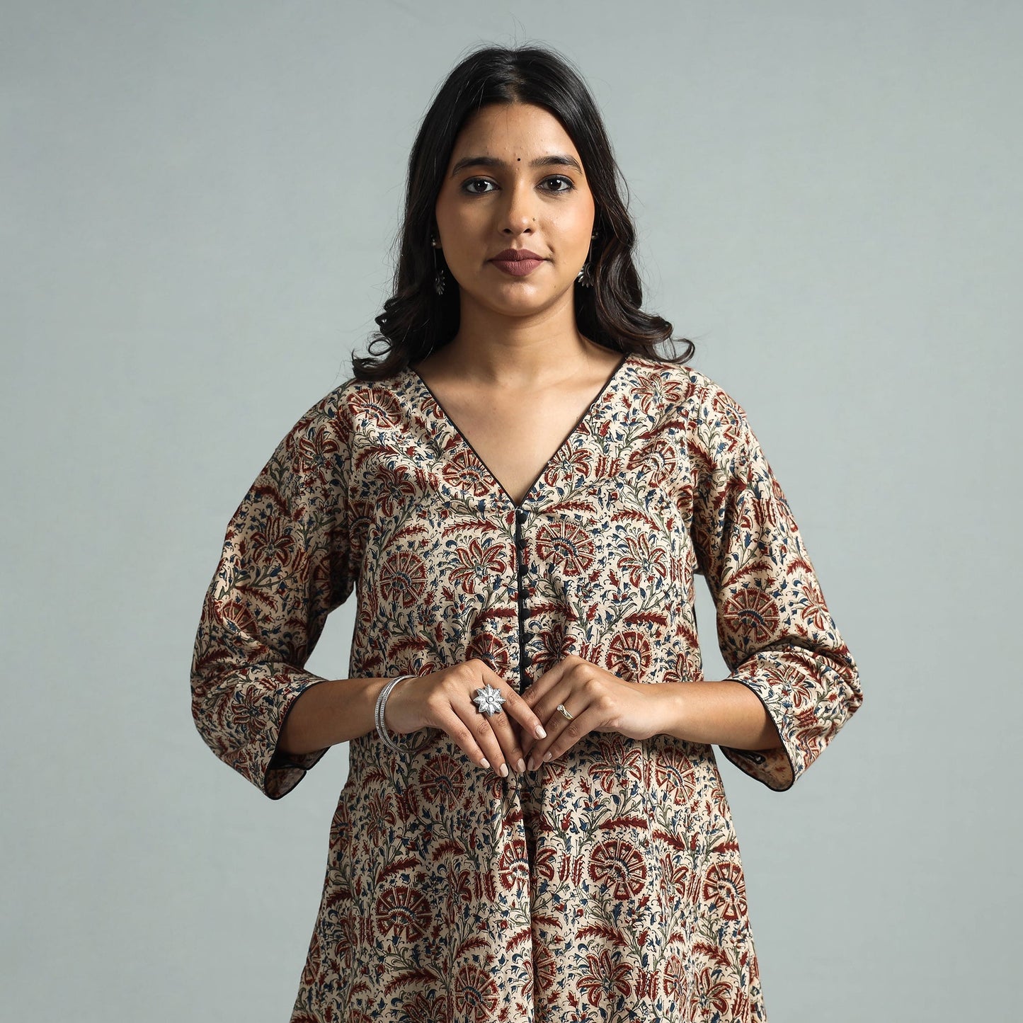 Brown - Pedana Kalamkari Block Printed Cotton Kurta with Palazzo Set