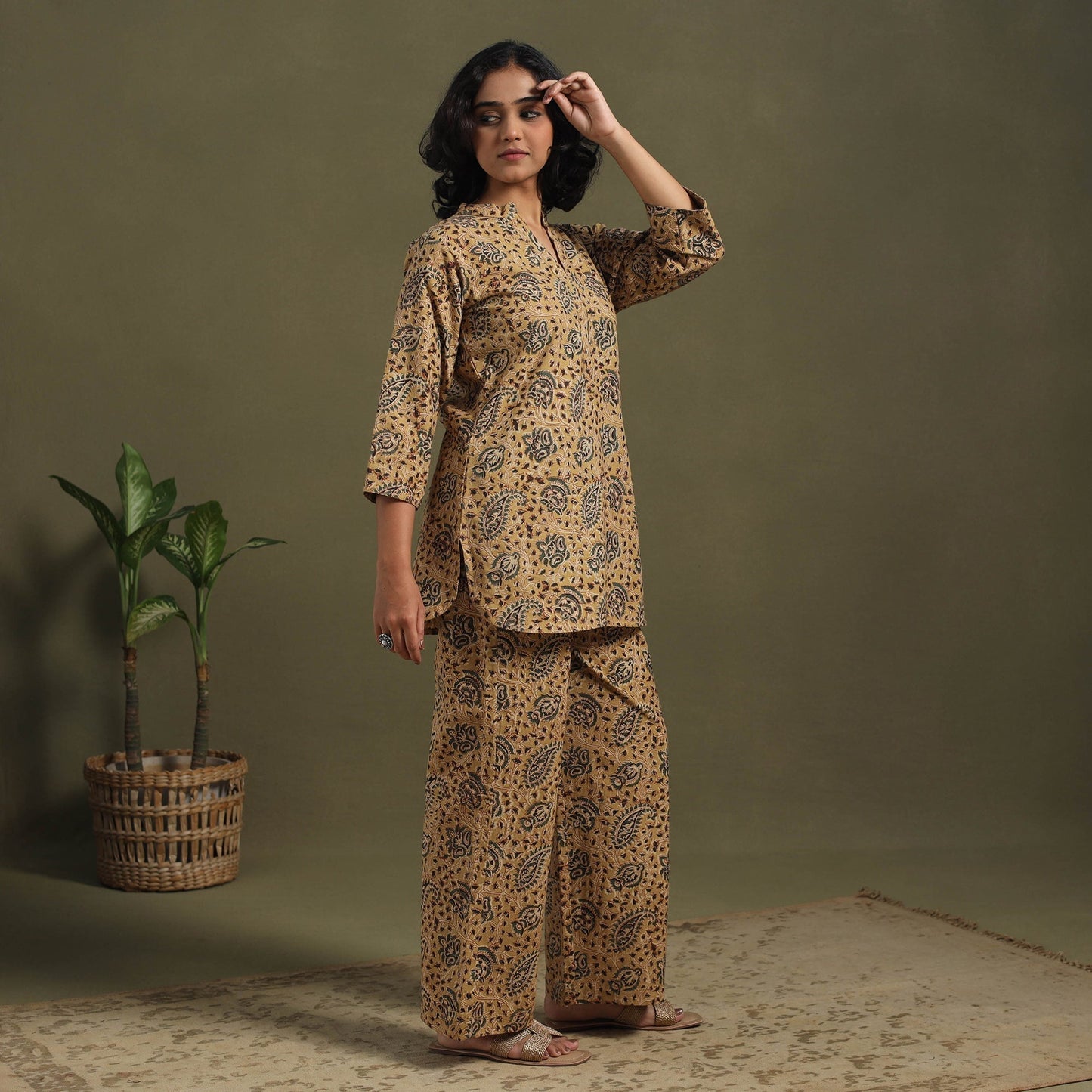 Brown Pedana Natural Dyed Block Print Kalamkari Co-ord Set