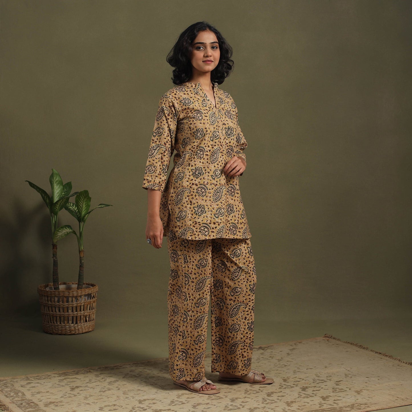 Brown Pedana Natural Dyed Block Print Kalamkari Co-ord Set