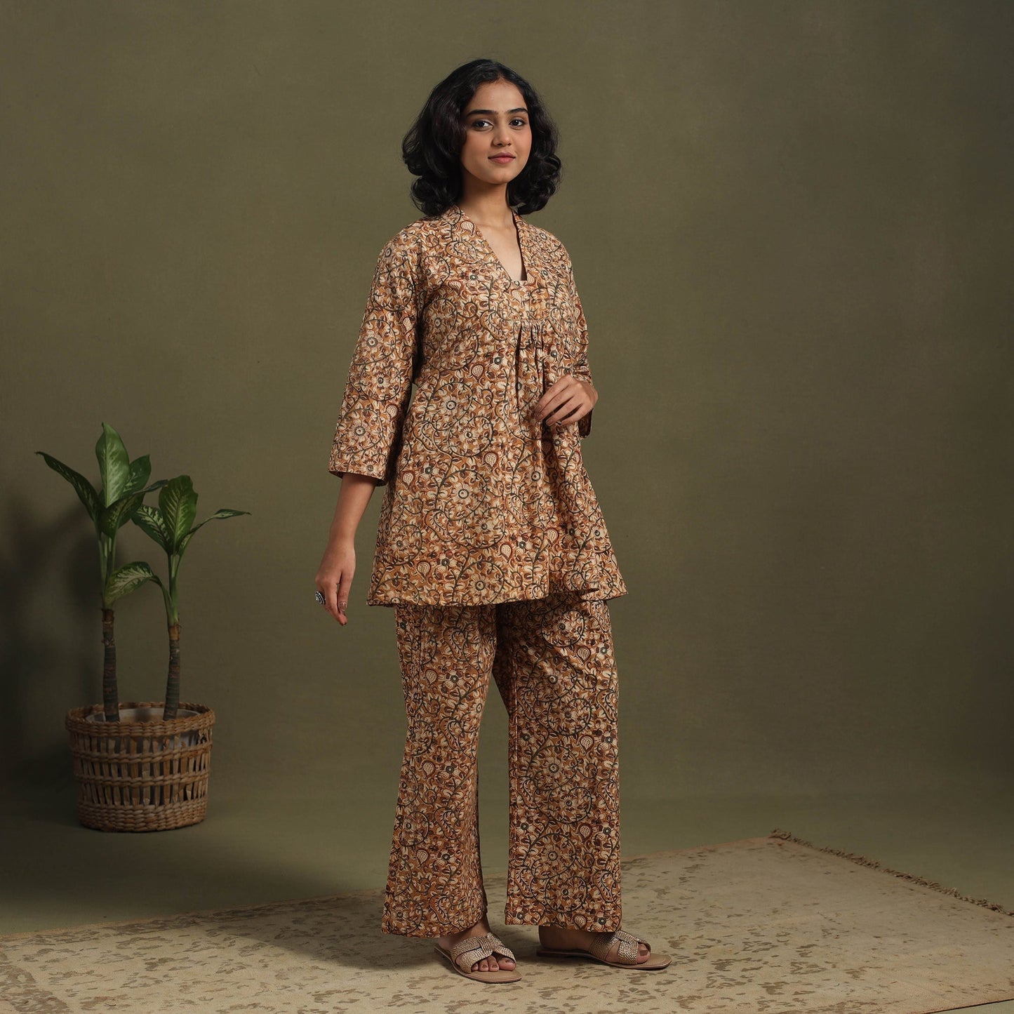 Brown Pedana Natural Dyed Block Print Kalamkari Co-ord Set