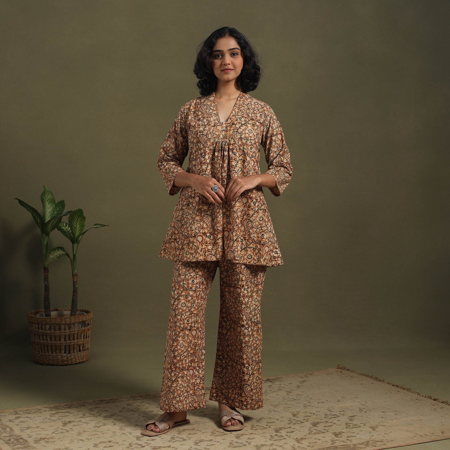 Brown Pedana Natural Dyed Block Print Kalamkari Co-ord Set