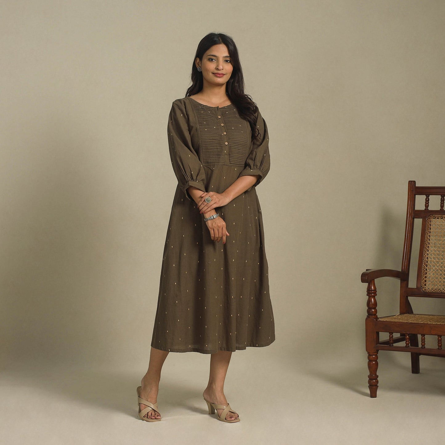 Brown - pintuck cotton jacquard dress 09 - handcrafted