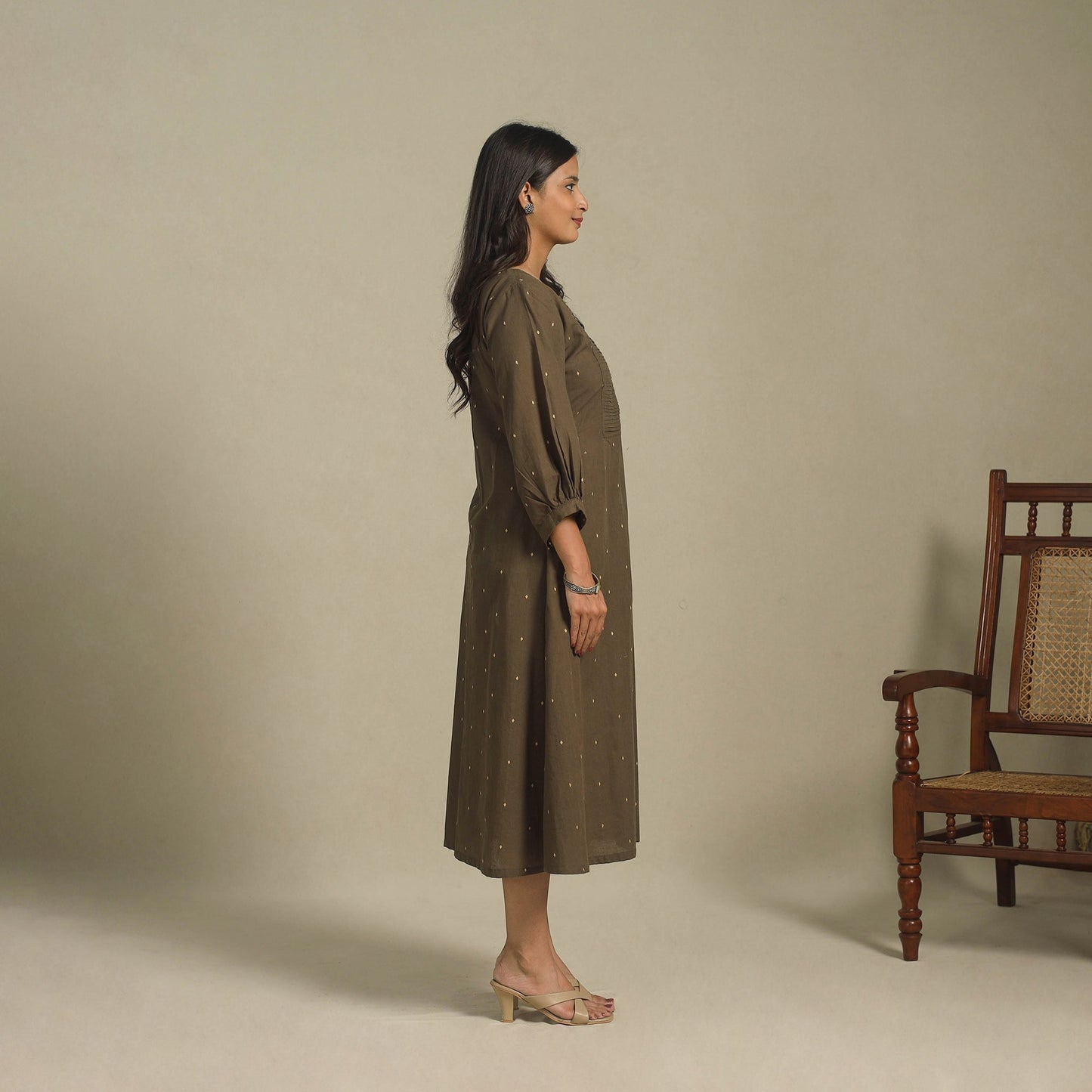 Brown - pintuck cotton jacquard dress 09 - handcrafted