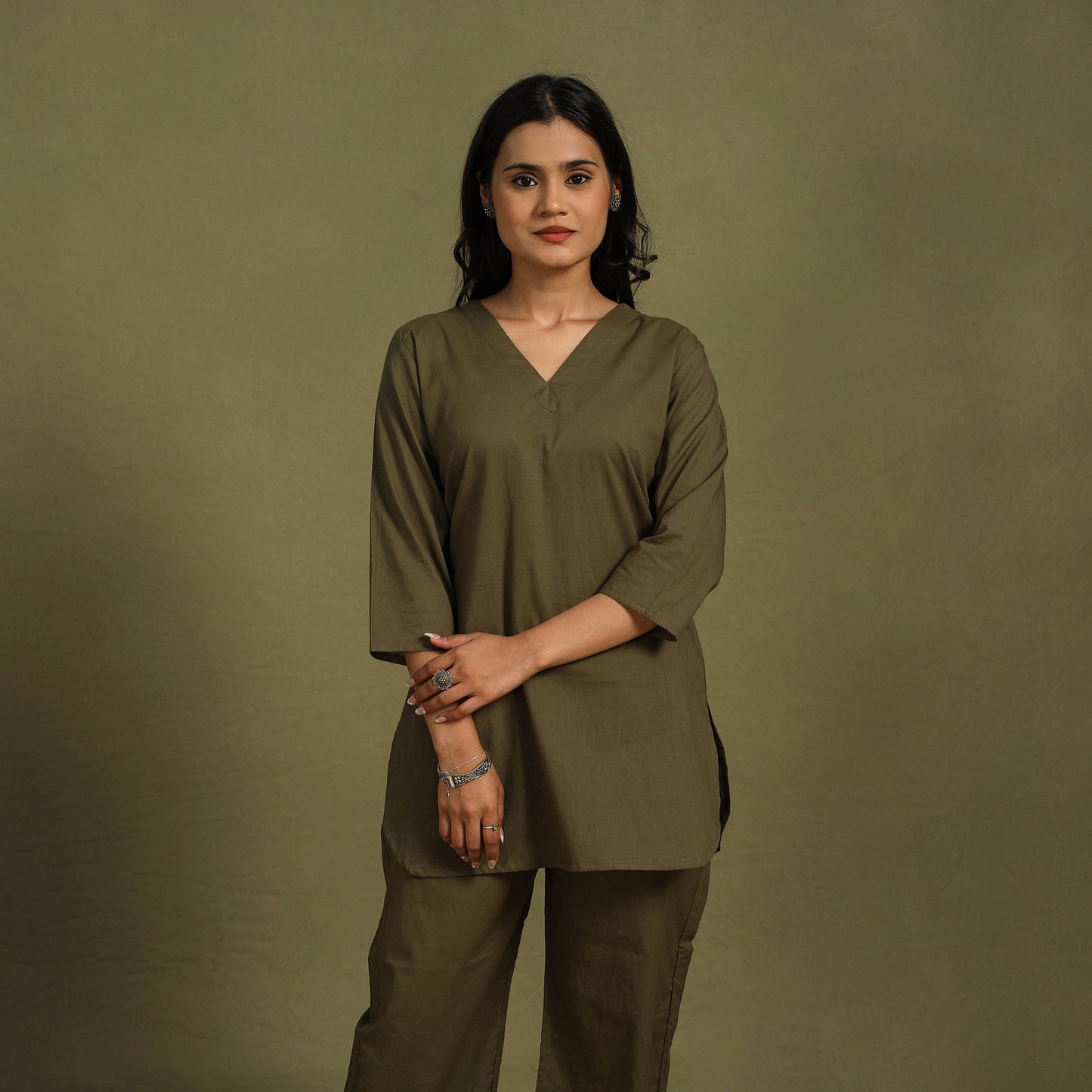 Brown Plain Dyed Cotton Co-Ord Set