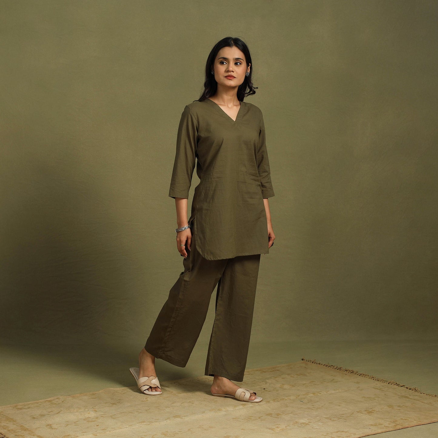 Brown Plain Dyed Cotton Co-Ord Set