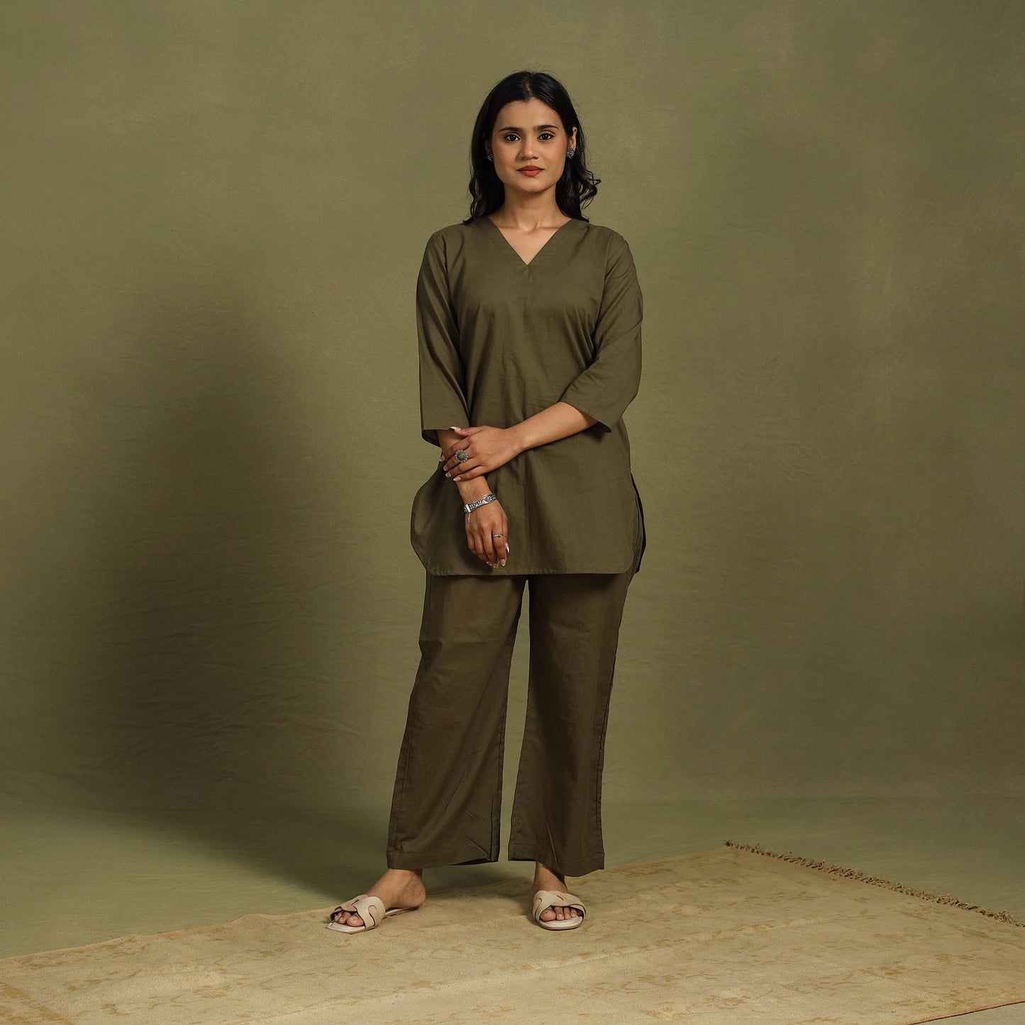 Brown Plain Dyed Cotton Co-Ord Set