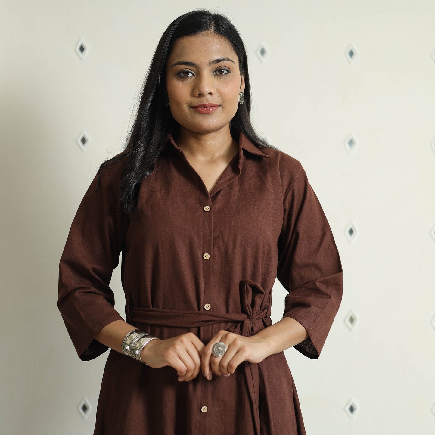 Plain Flex Cotton Collared Neck Buttoned Down Dress