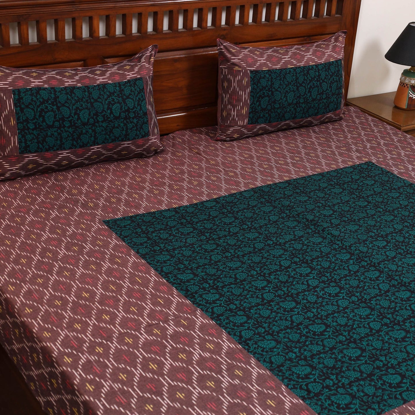 Pochampally ikat with bagh patch cotton bedsheet set 07