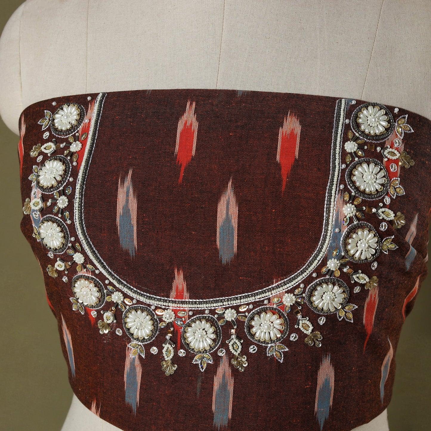 Brown Pochampally Ikat Hand Embroidery Cotton Blouse Piece