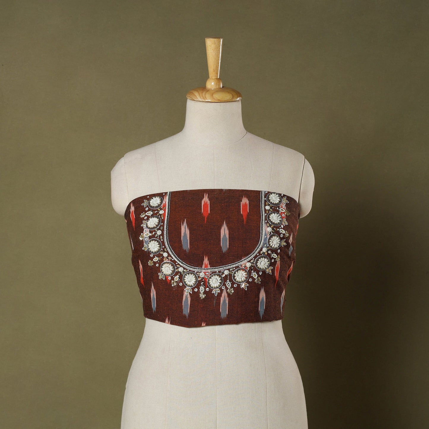 Brown Pochampally Ikat Hand Embroidery Cotton Blouse Piece