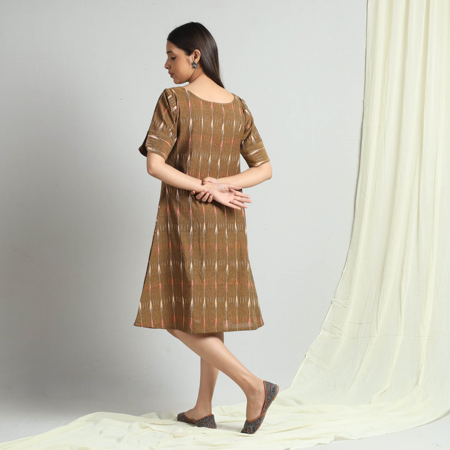Brown - Pochampally Ikat Weave Cotton Dress
