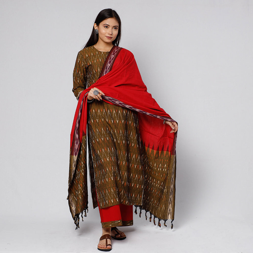 Buy Pochampally Ikat Weave Cotton Kurta with Palazzo & Dupatta Set Online l iTokri.com