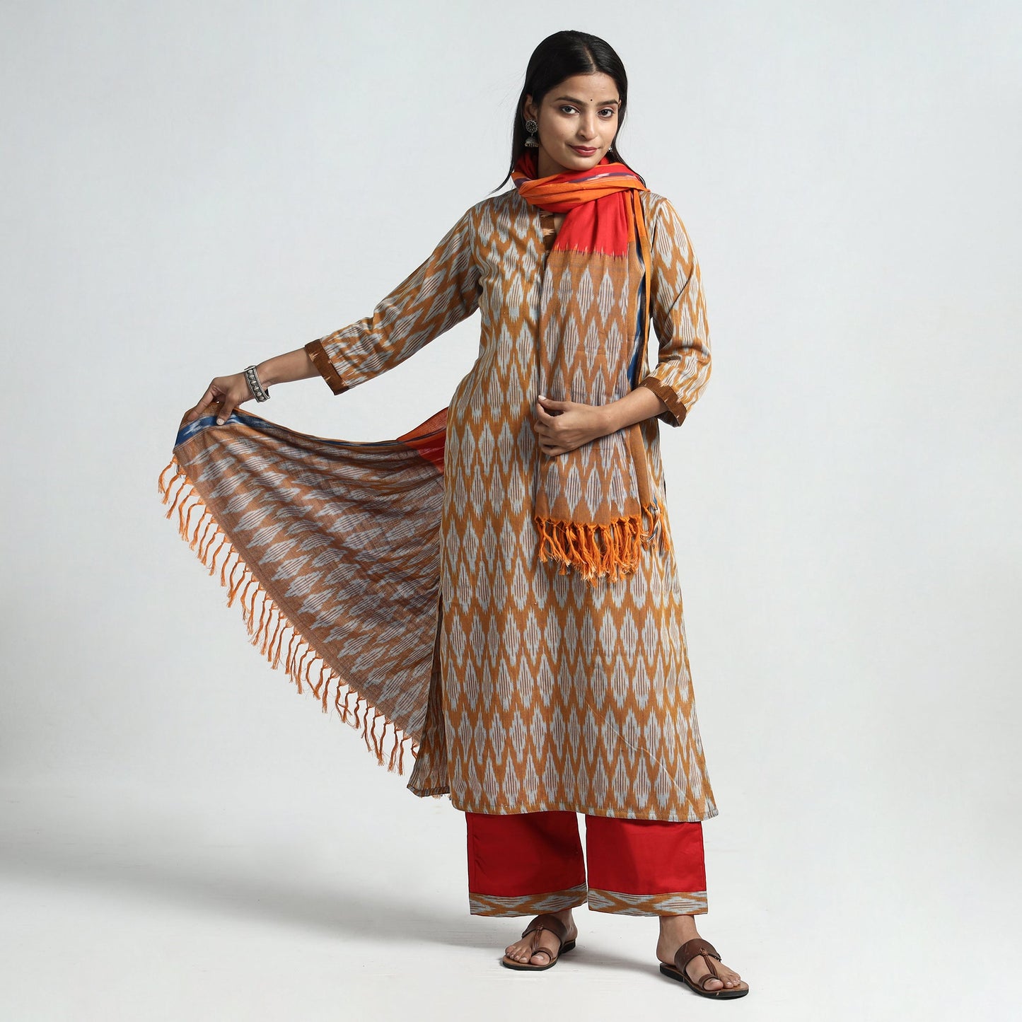 Pochampally Ikat Kurta with Palazzo & Dupatta Set