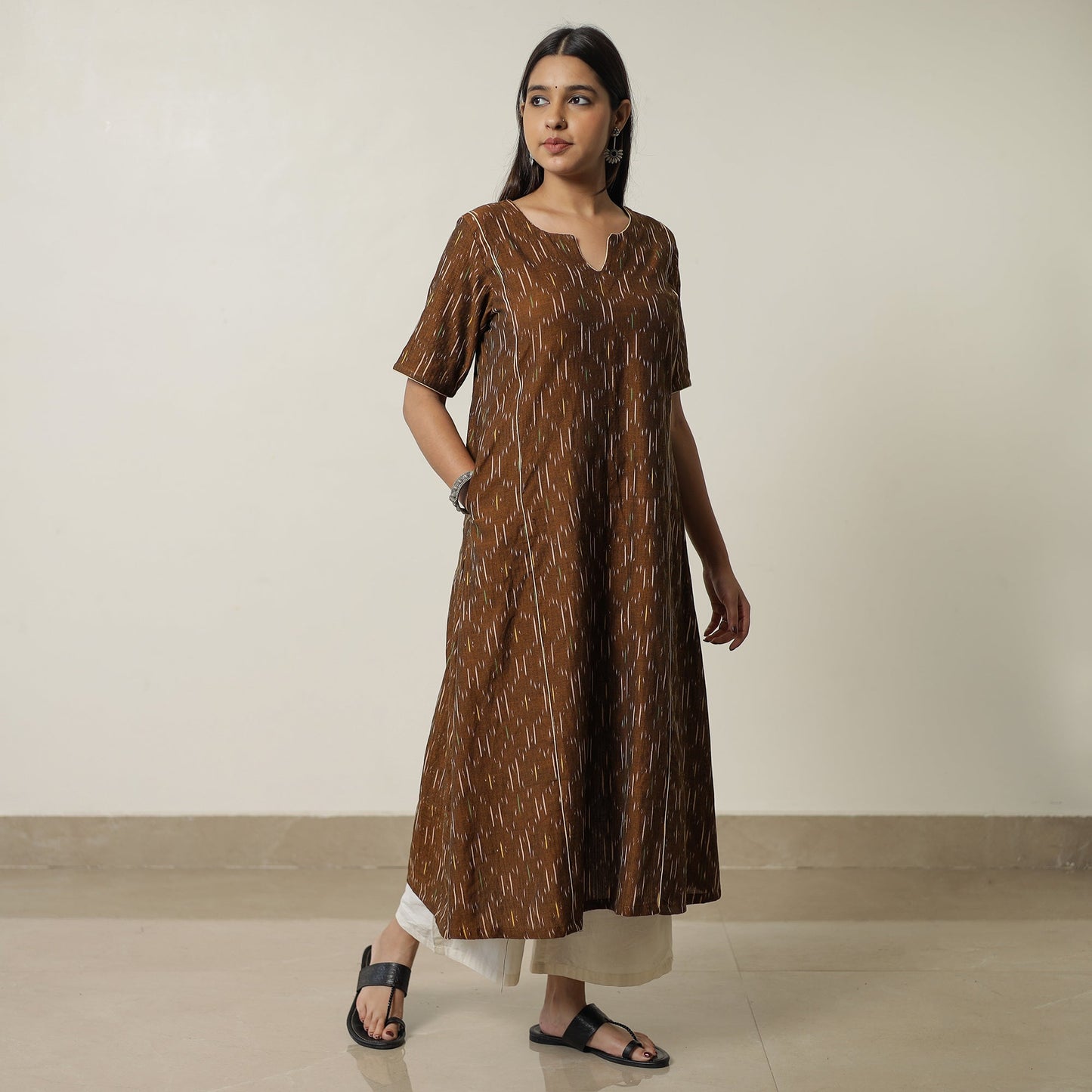 Brown - Pochampally Ikat Weave Cotton A-Line Kurta 01