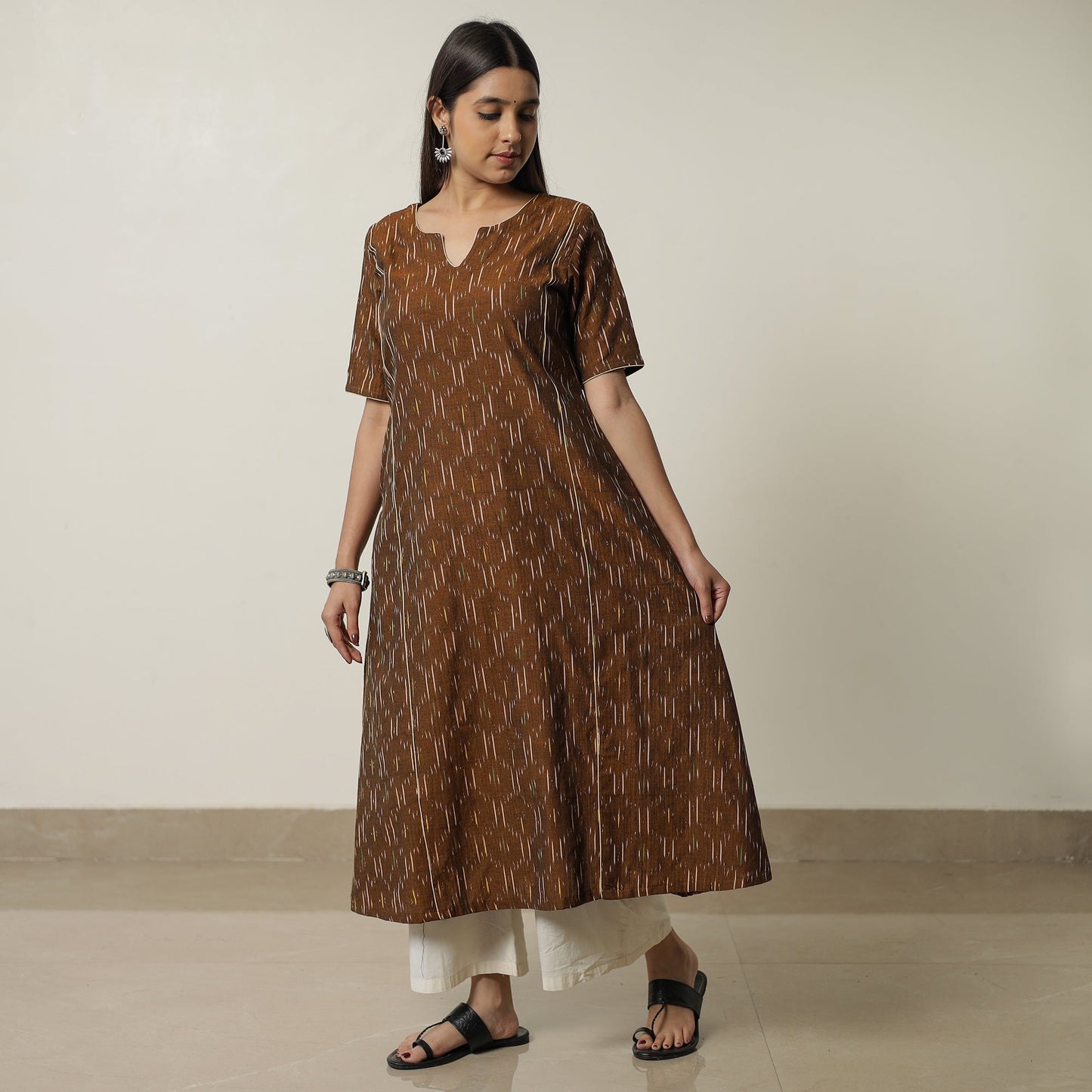 Brown - Pochampally Ikat Weave Cotton A-Line Kurta 01