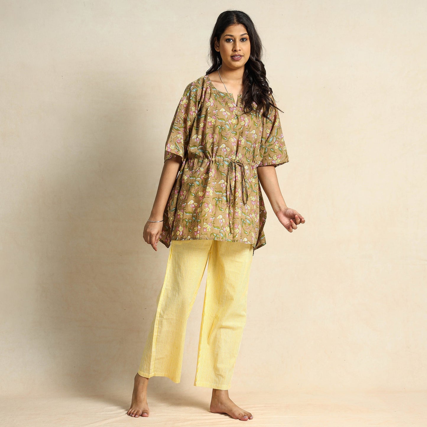 Brown Block Printed Cotton Kaftan Pyjama Night Suit Set