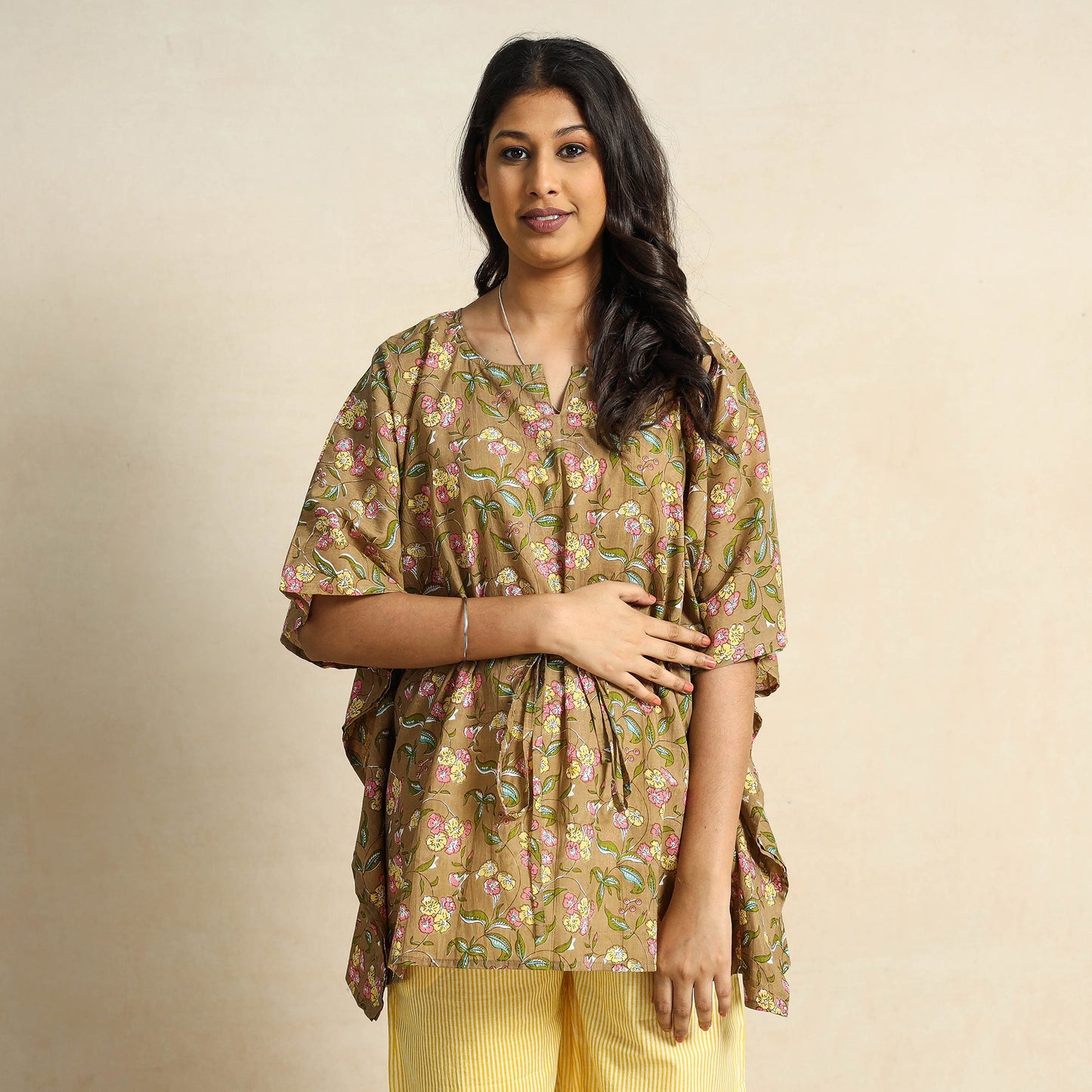 Brown Block Printed Cotton Kaftan Pyjama Night Suit Set