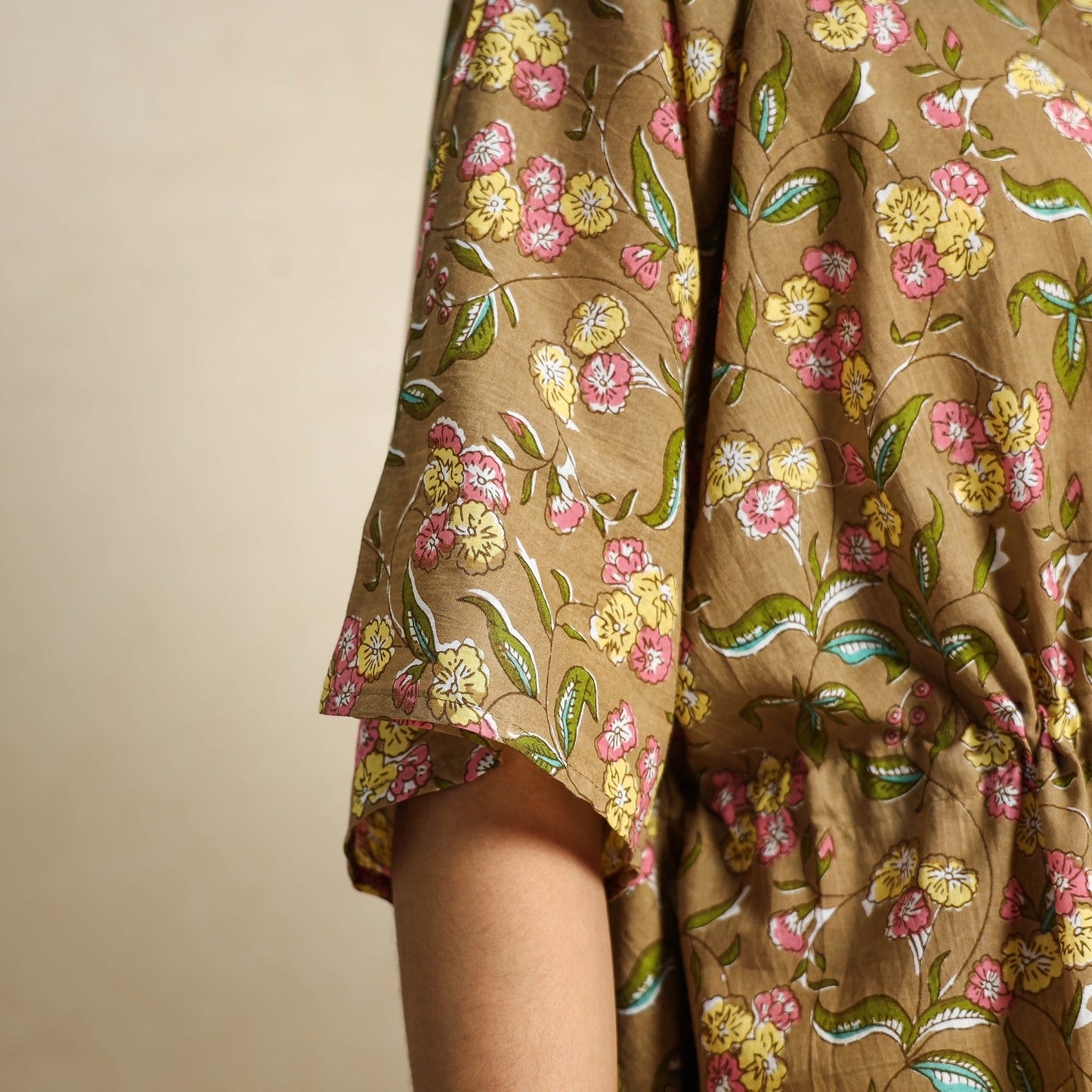 Brown Block Printed Cotton Kaftan Pyjama Night Suit Set