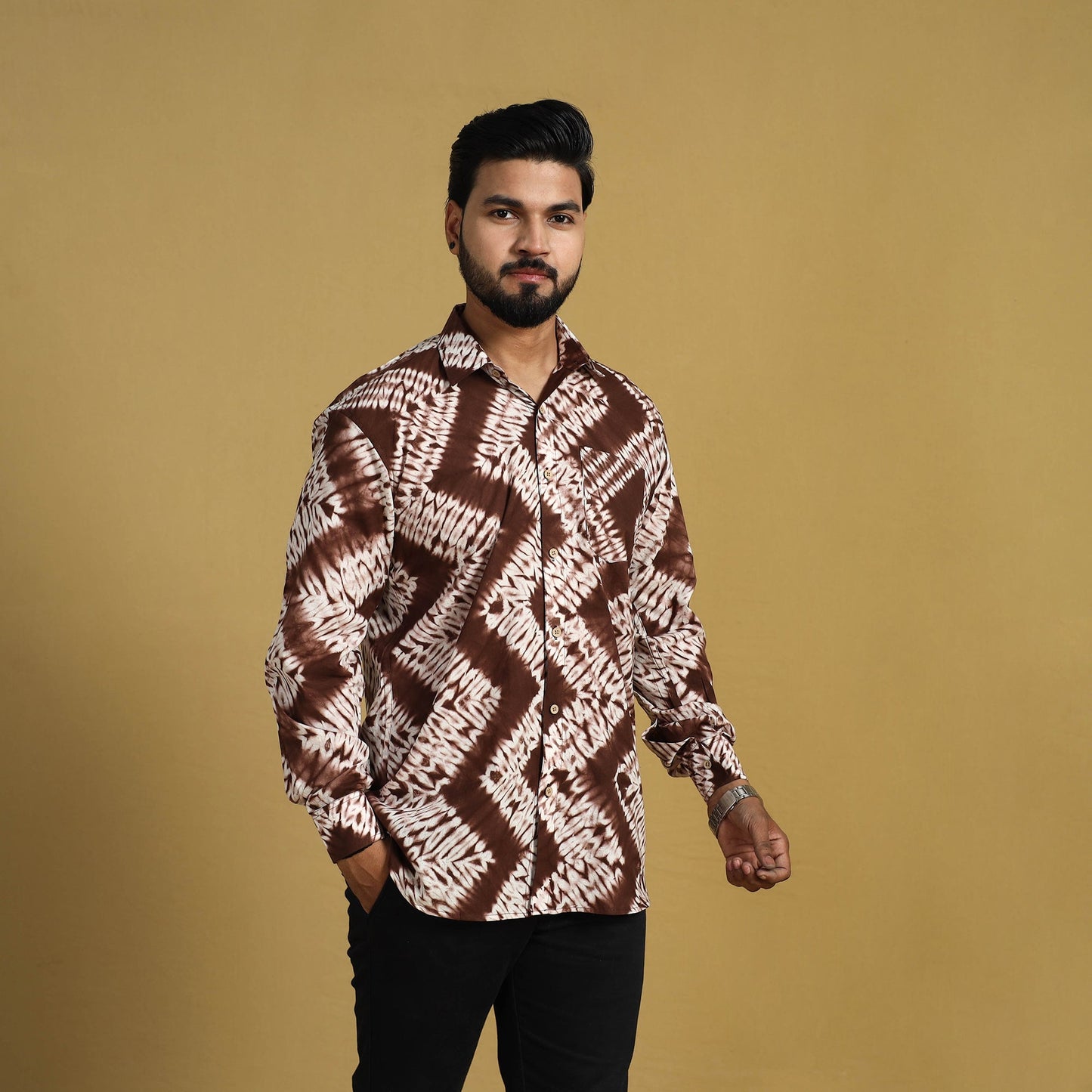 Buy Brown Full Sleeve Tie & Dye Cotton Men Shibori Shirt