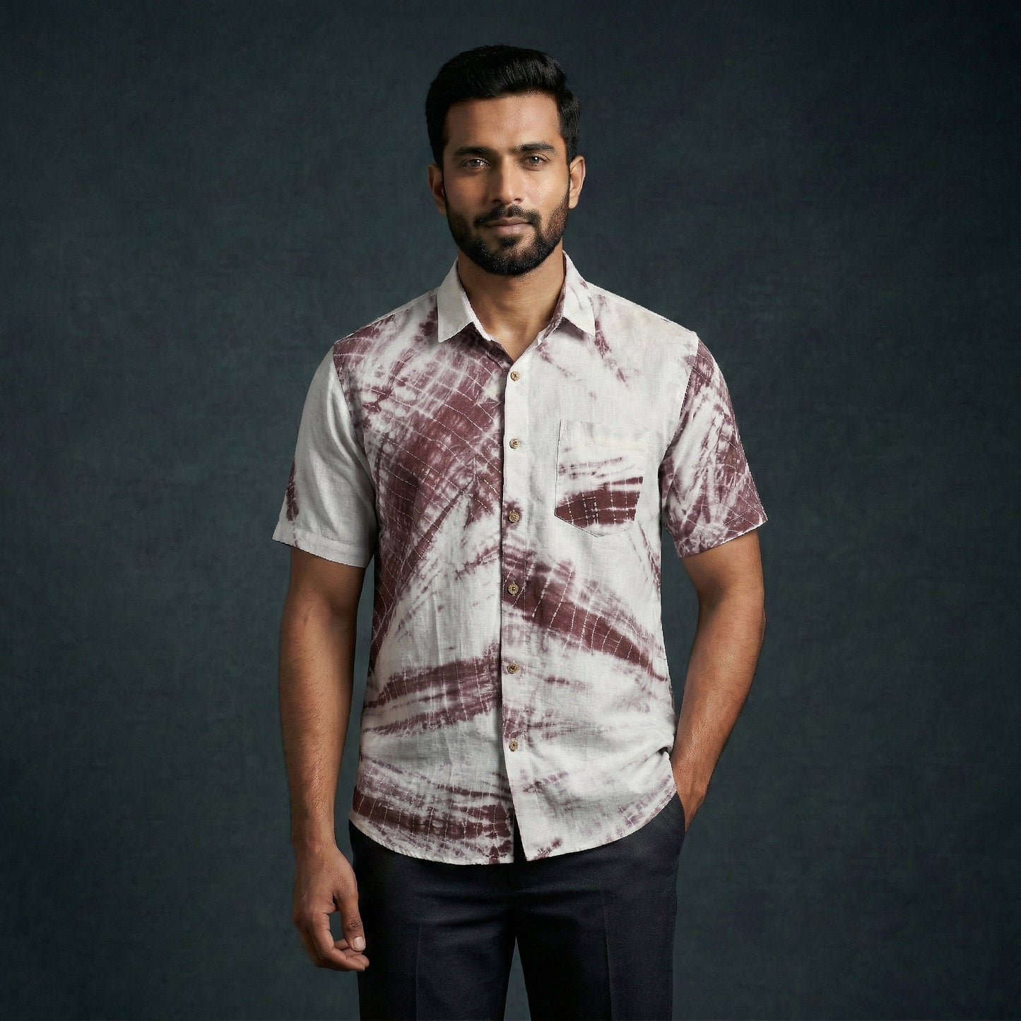 Brown - pure cotton half sleeve tie-dye men shibori shirt