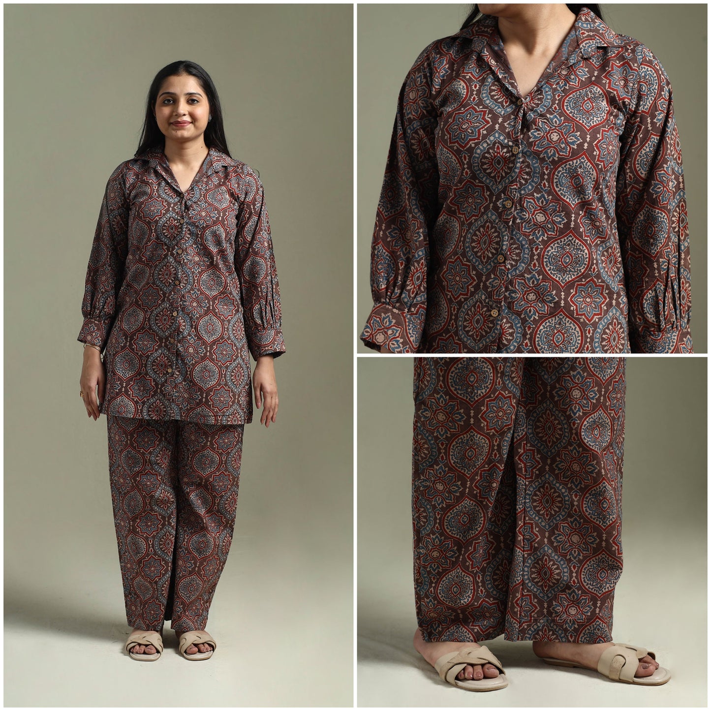 Pure cotton natural dyed ajrakh hand block print night suit