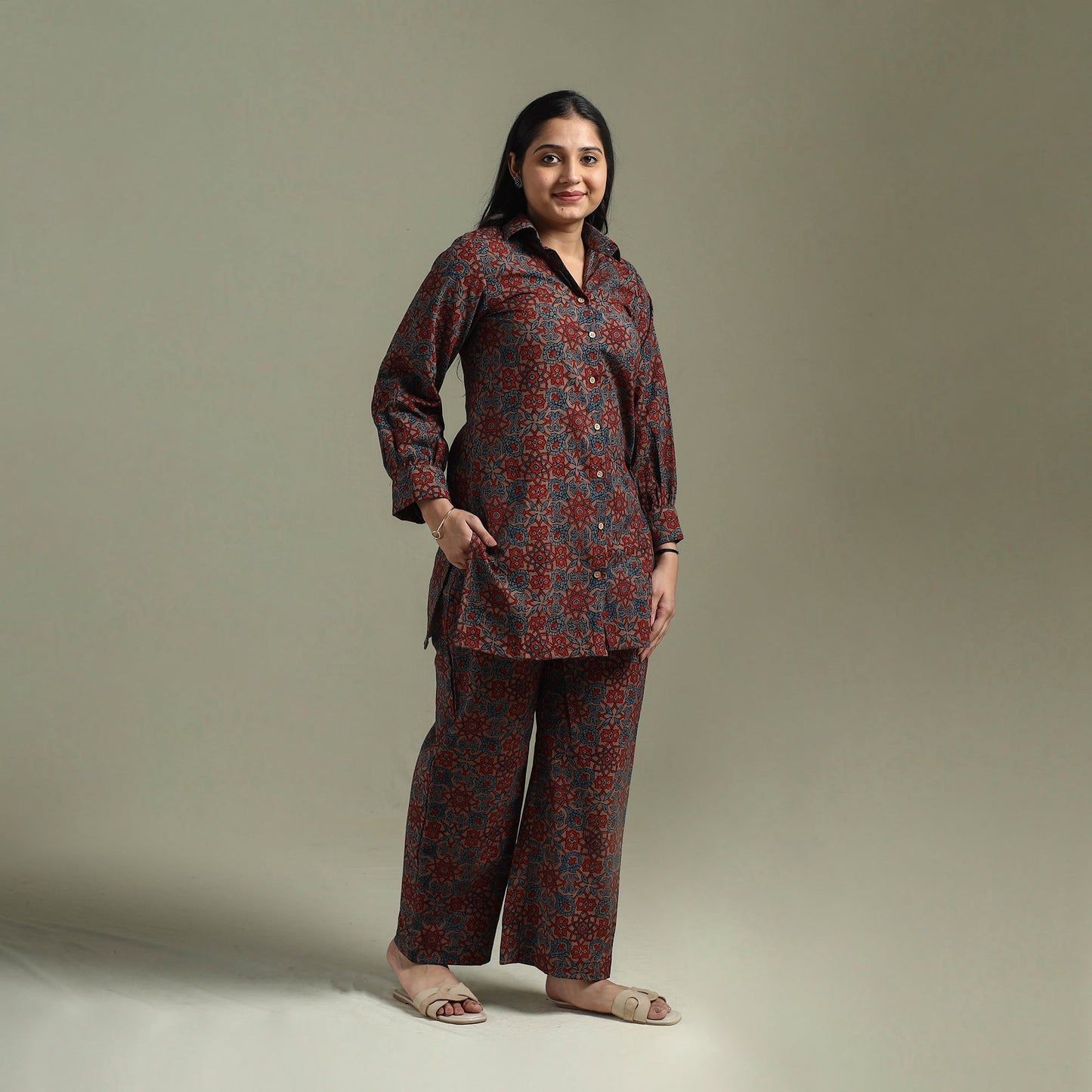 Pure cotton natural dyed ajrakh hand block print night suit