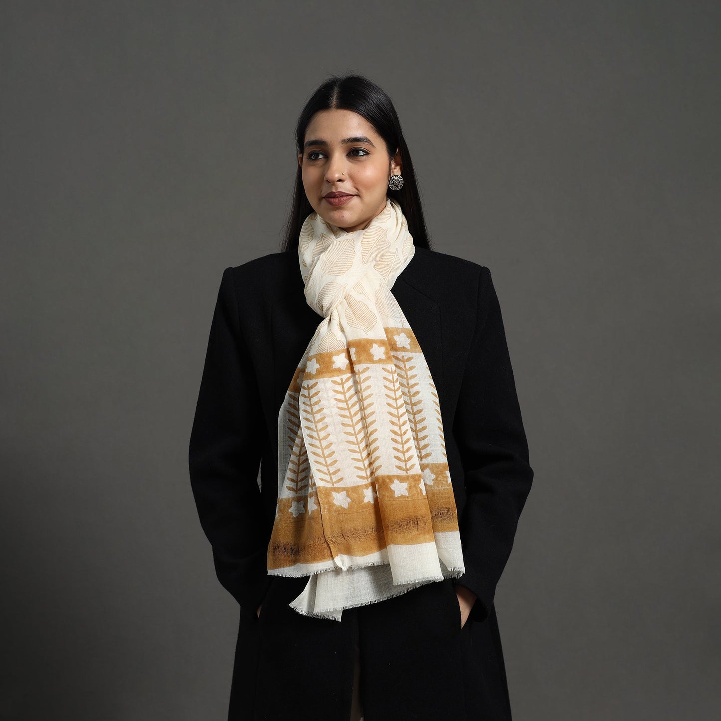 Pure Wool Block Print Brown Sanganeri Stole