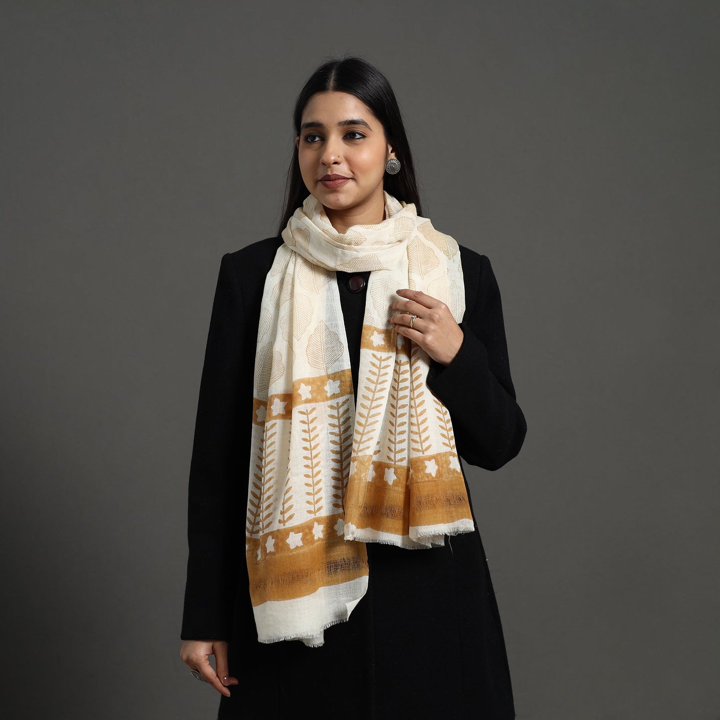 Pure Wool Block Print Brown Sanganeri Stole